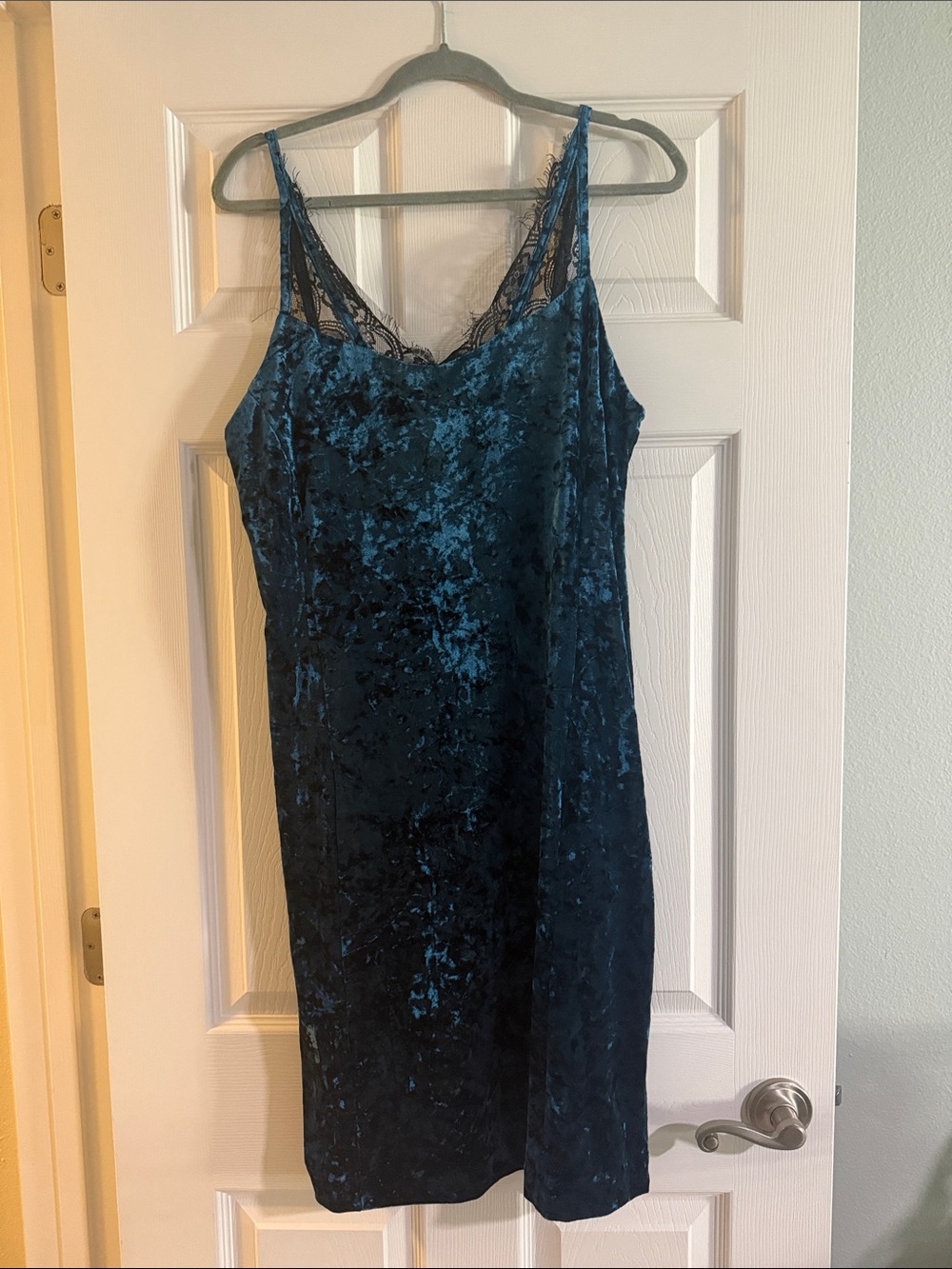 Michel Studio Crushed Velvet Lace-Trim Slip Dress in Teal Blue